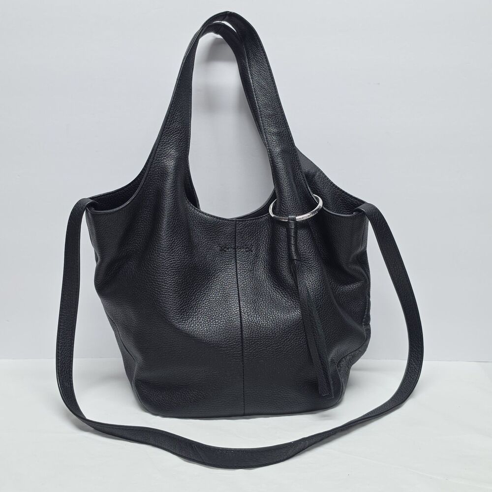 Elizabeth and James Black Pebbled Genuine Leather Hobo Bag With Tassel Boho Chic